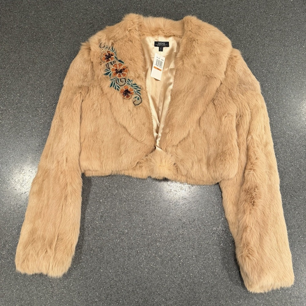 NEW Shine New York‎ Brown Rabbit Fur Embroidered Shawl Coat Small Lined